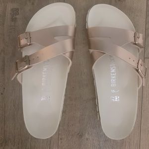 Rose gold Birkenstock sandals, worn once or twice